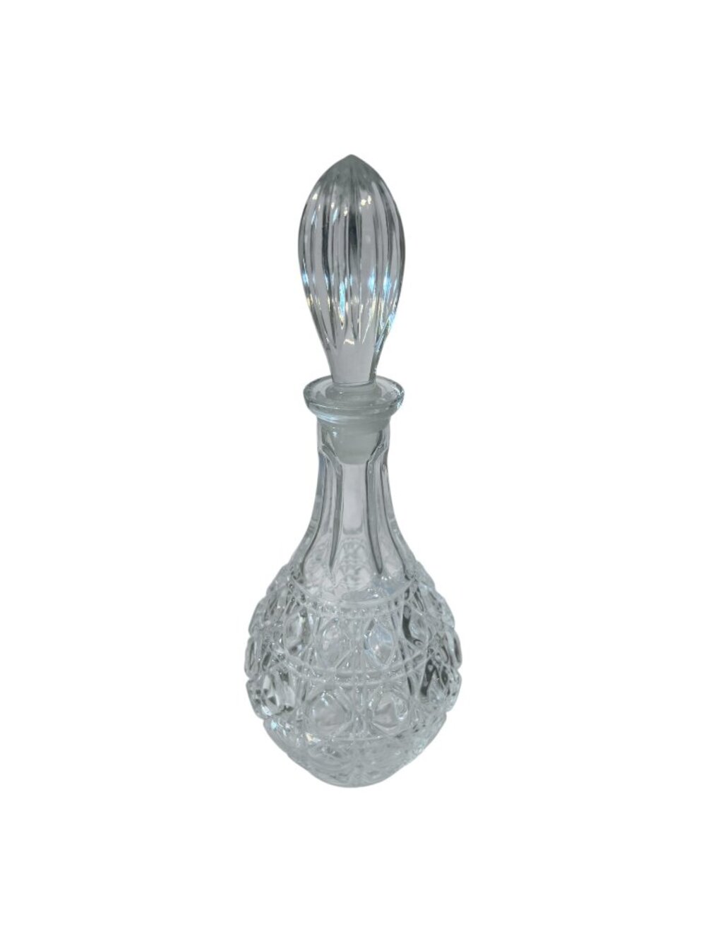Vintage Clear Glass Bulbous Decanter Long Pointed Stopper Teardrop Genie Bottle